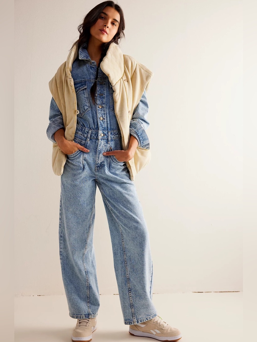 Free People We the Free Touch the Sky Denim Long Sleeve Jumpsuit S